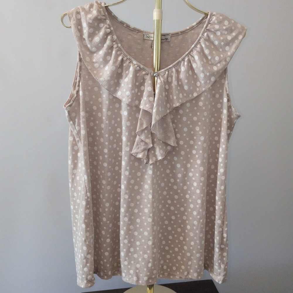 French Laundry Ruffle Top Women 18/20 Tan Polka Dot Sleeveless Blouse Plus Size